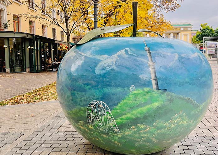 Apple art dotted all over Almaty