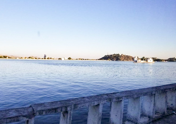 Fateh Sagar Lake is encircled by scenic hills