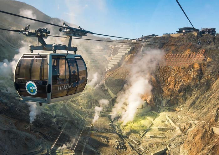 Cable cars fly over Owakudani, Hakone