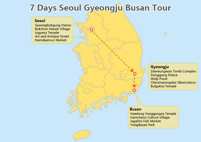 7 Days Seoul Gyeongju Busan Tour Map