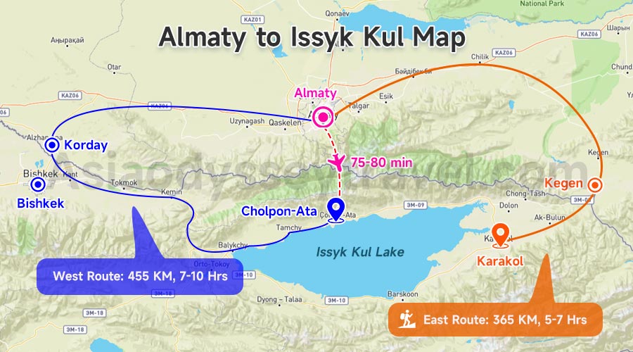 Almaty to Issyk Kul Transportation Route Map