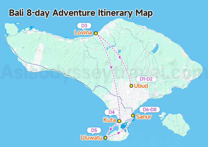 Bali 8-day Adventure Itinerary Map