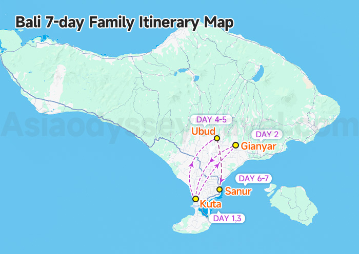 Bali 7-day Family Itinerary Map