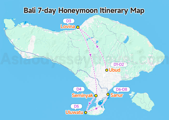 Bali 8-day Honeymoon Itinerary Map