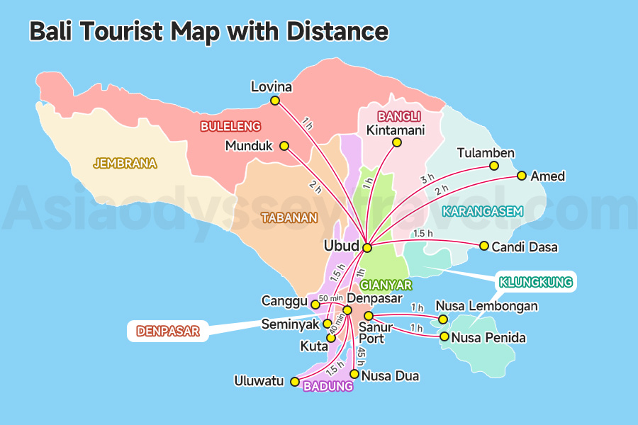 Bali Tourist Map with Distance