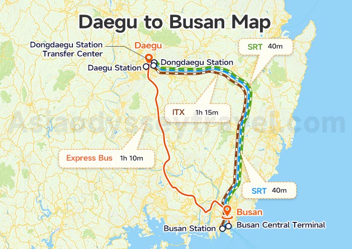 Daegu to Busan Map