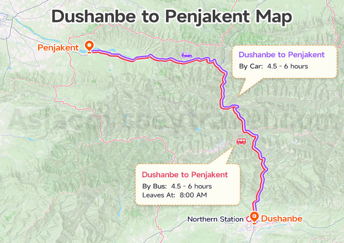 Dushanbe to Penjikent Map