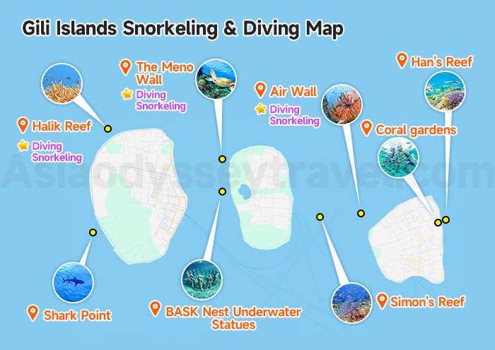 Gili Islands Snorkeling & Diving Map