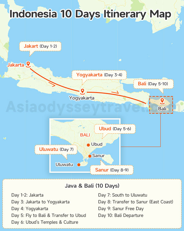 Indonesia 10 Days Itinerary Map (Java & Bali)