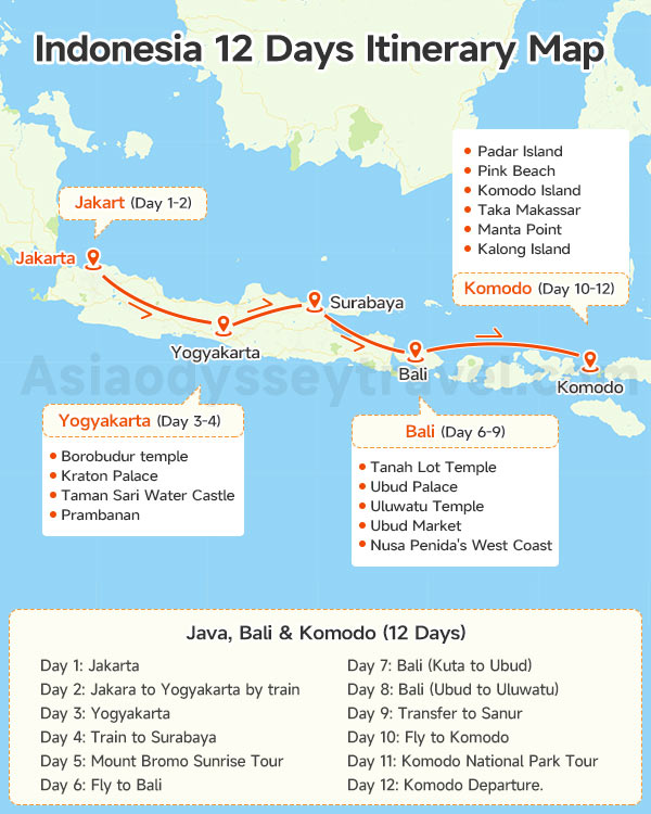 Indonesia 12-day Itinerary Map (Java, Bali & Komodo)