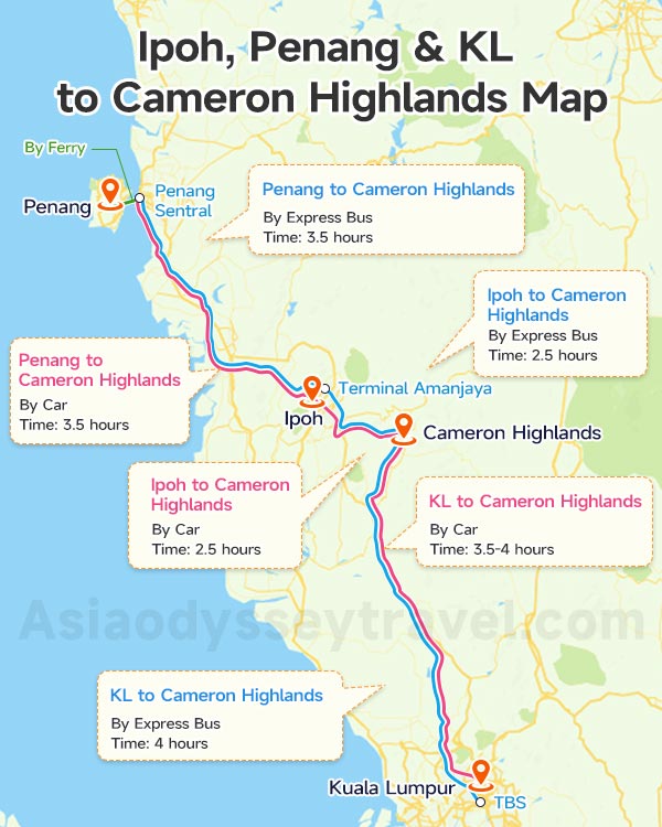 Ipoh, Penang & Kuala Lumpur to Cameron Highlands Map 