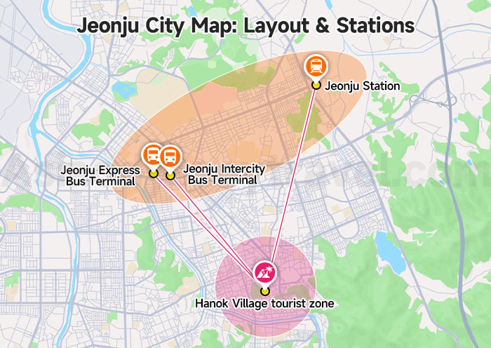 Map of Jeonju: Tourist Map with Spots & Distance
