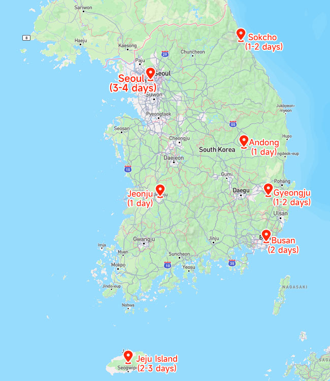 South Korea Travel Length on Map