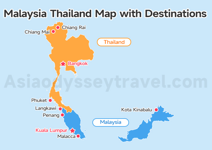 Malaysia Thailand Map with Destinations