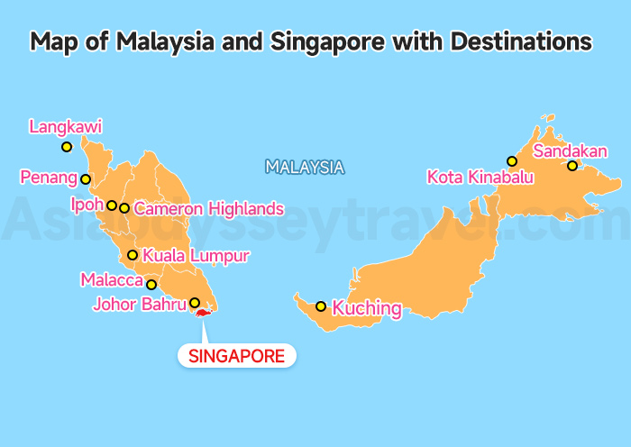 Map of Malaysia and Singapore with Destinations