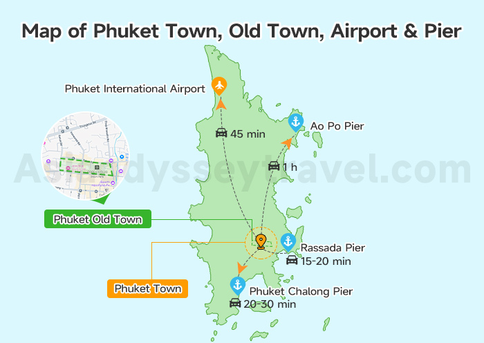 Map of Phuket Town, Old Town, Airport & Pier