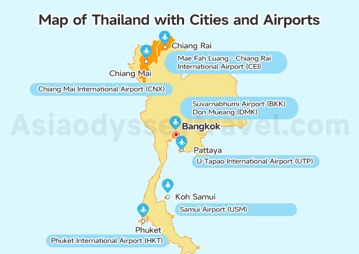 Map of Thailand with Cities and Airports
