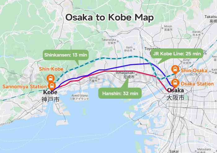 Osaka to Kobe Map