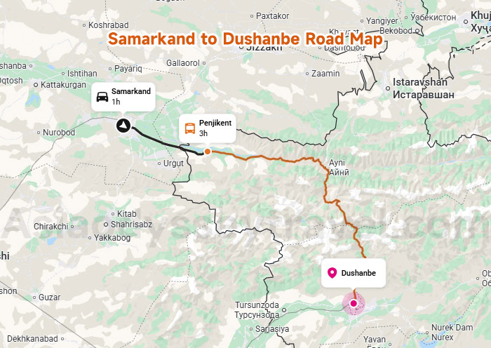 Samarkand to Dushanbe Map