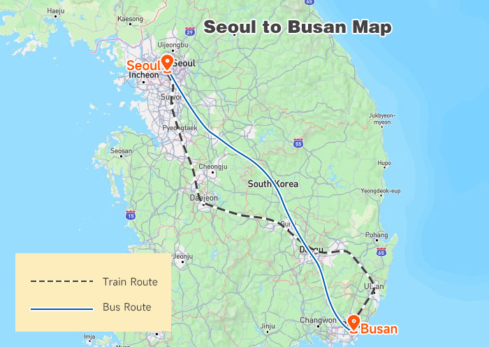 Seoul to Busan on a South Korea Map