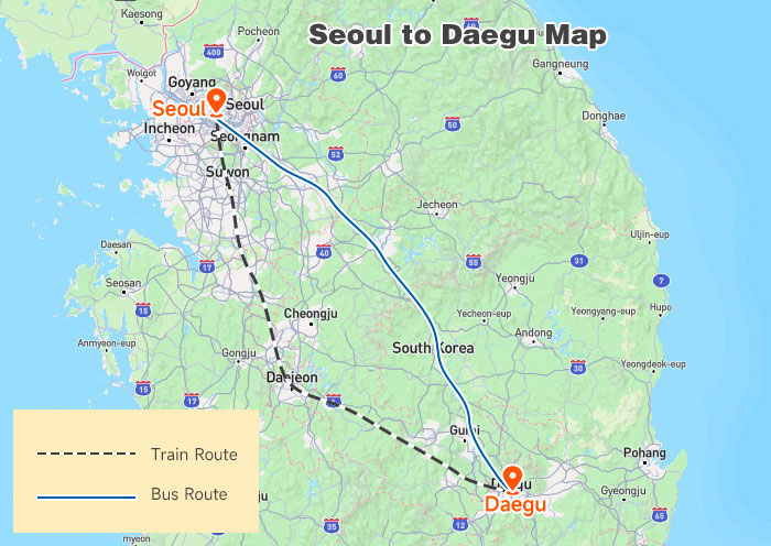 Seoul to Daegu on a South Korea Map