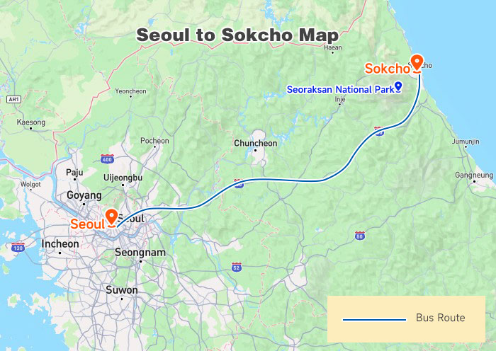 Seoul to Sokcho on a South Korea Map