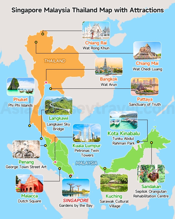Singapore Malaysia Thailand Map with Attractions