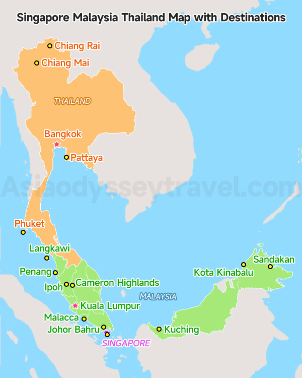 Singapore Malaysia Thailand Map with Destinations