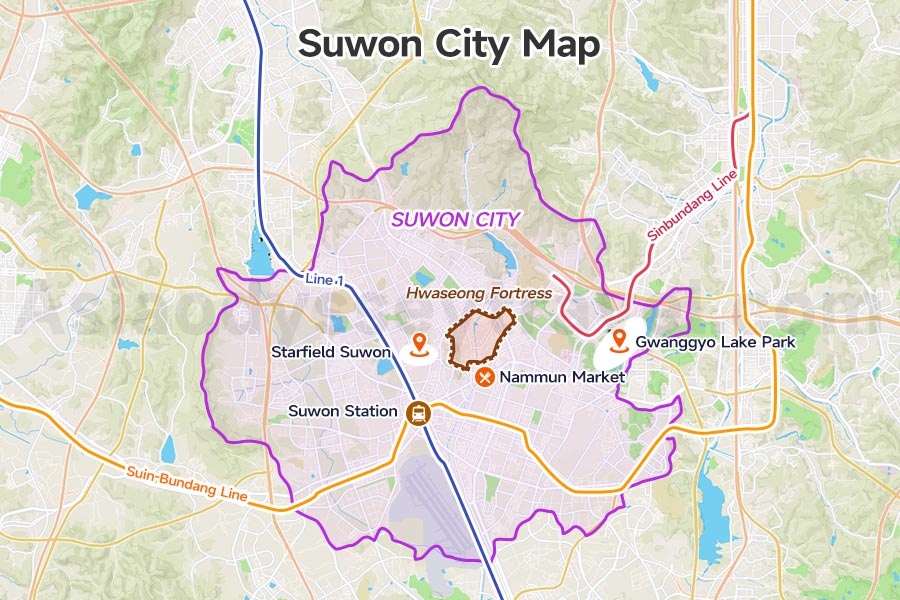 Suwon City Map with Layout, Main Areas & Metro Lines
