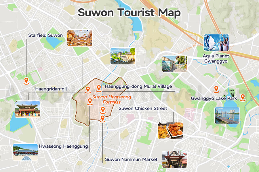 Suwon Tourist Map - 9 Places Marked