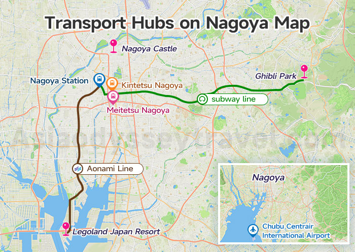 Nagoya Map with Train Stations, Bus Center & Airport
