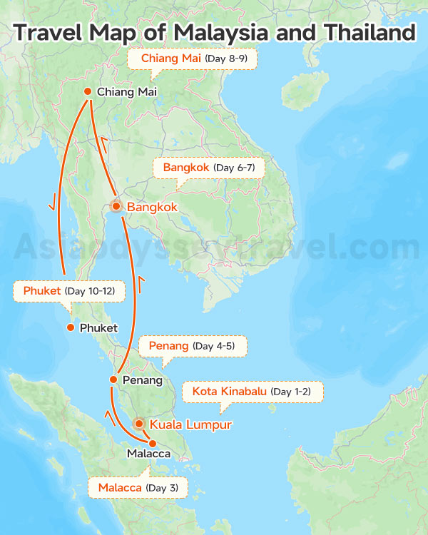 Travel Map of Malaysia and Thailand