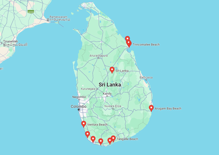 Sri Lanka beaches map