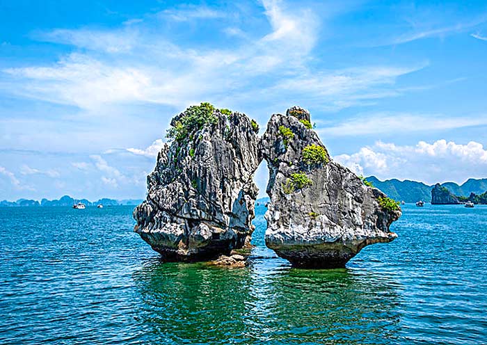 Towering limestone pillars of Halong Bay