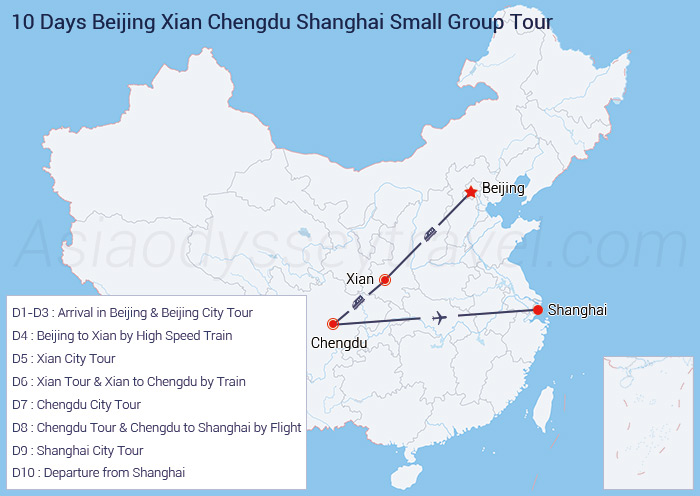 10 Days Beijing Xian Chengdu Shanghai Small Group Tour Map
