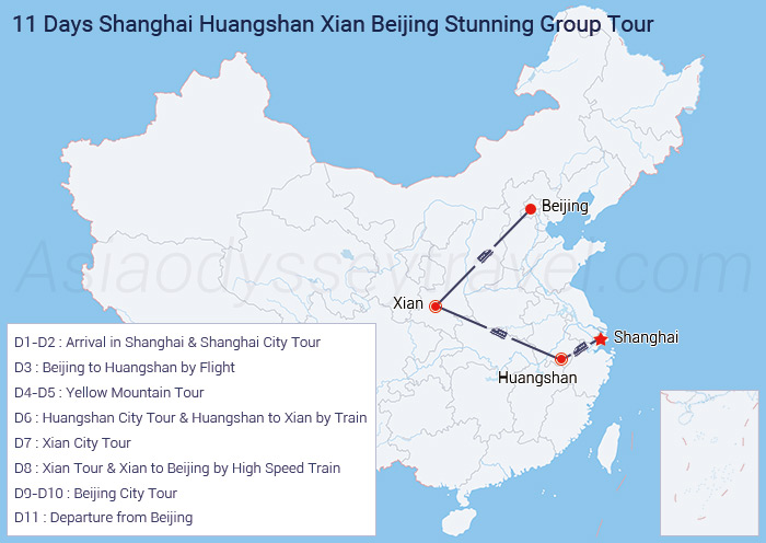 11 Days Shanghai Huangshan Xian Beijing Group Tour Map