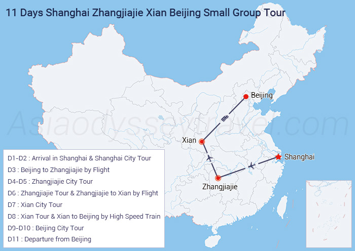 11 Days Shanghai Zhangjiajie Xian Beijing Group Tour Map