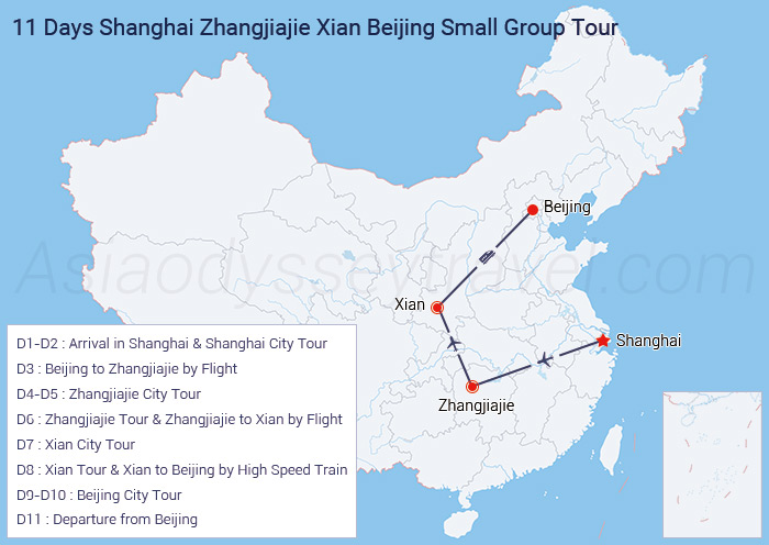 11 Days Shanghai Zhangjiajie Xian Beijing Group Tour Map
