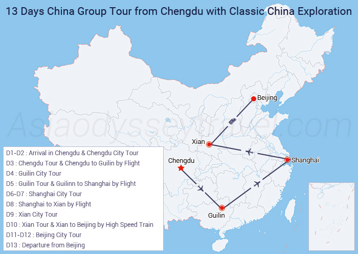 13 Days Chengdu Guilin Shanghai Xian Beijing Group Tour Map