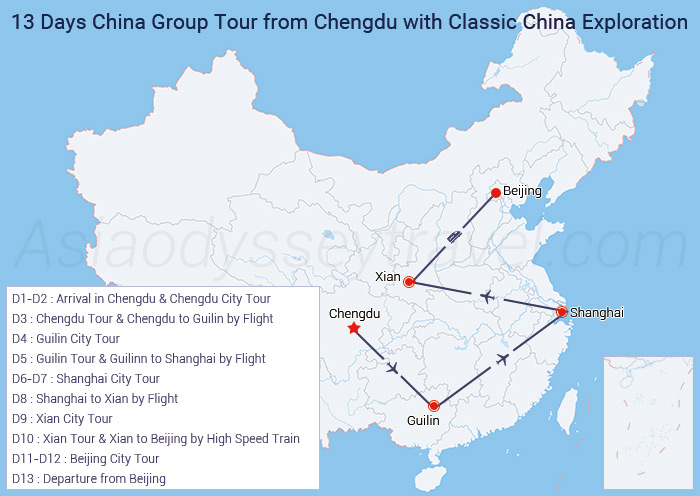 13 Days Chengdu Guilin Shanghai Xian Beijing Group Tour Map
