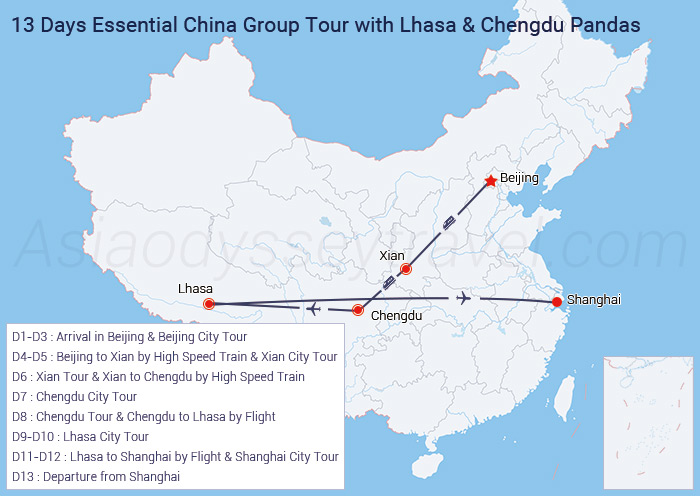 13 Days Beijing Xian Chengdu Lhasa Shanghai Group Tour Map
