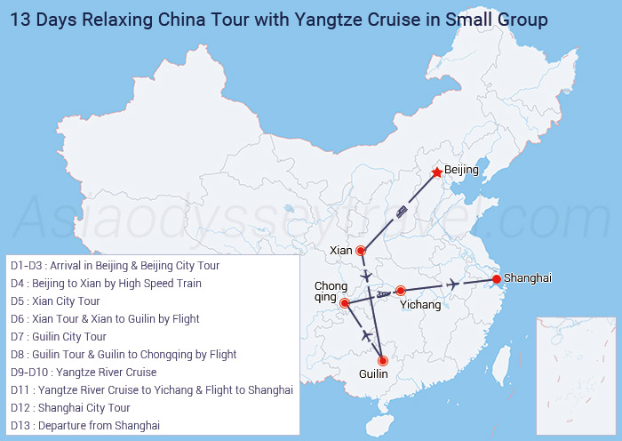 13 Days Relaxing China Tour with Yangtze Cruise Group Tour Map
