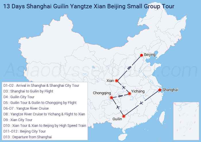 13 Days Shanghai Guilin Yangtze Xian Beijing Group Tour Map