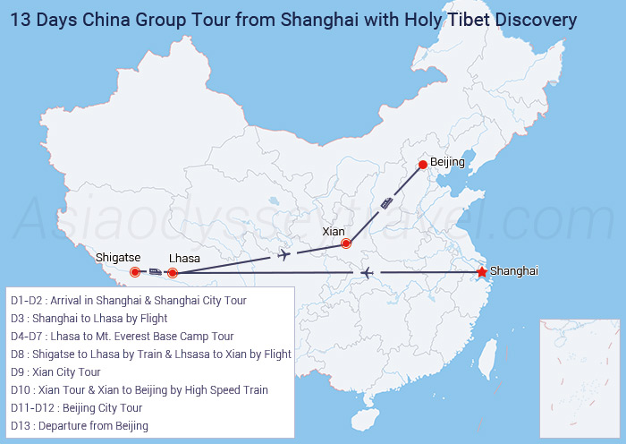 13 Days Shanghai Tibet Xian Beijing Group Tour Map
