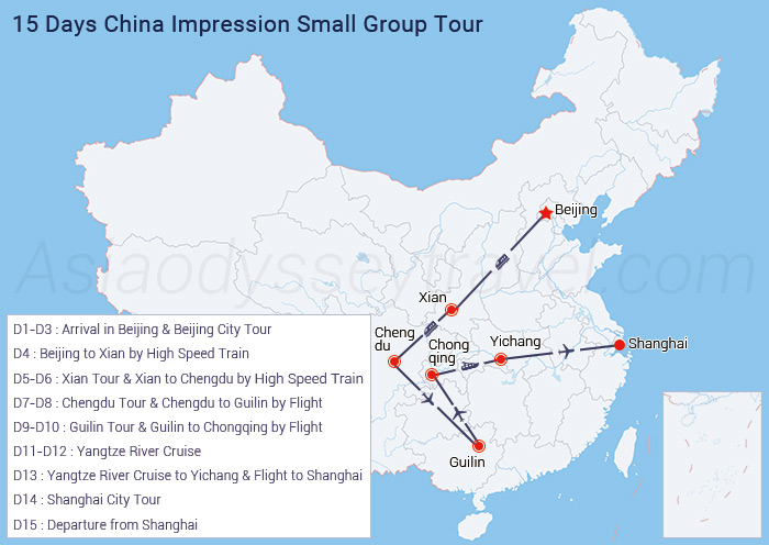 15 Days Beijing Xian Chengdu Guilin Yangtze Shanghai Tour Map