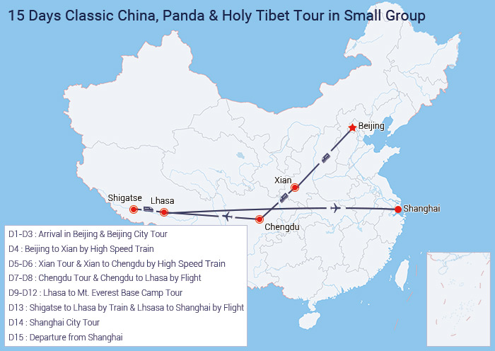 15 Days Beijing Xian Chengdu Tibet Shanghai China Group Tour Map