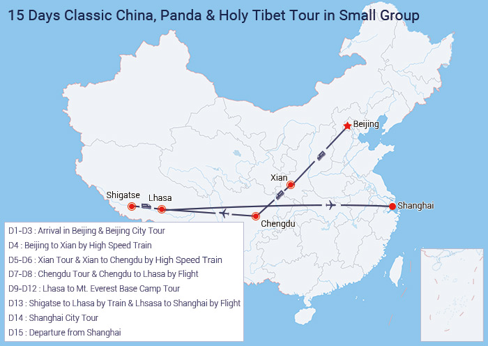 15 Days Beijing Xian Chengdu Tibet Shanghai China Group Tour Map
