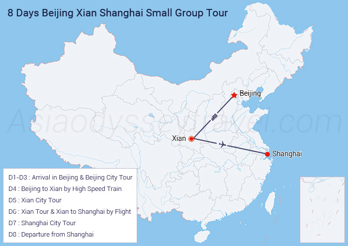 8 days Beijing Xian Shanghai Small Group Tour Map
