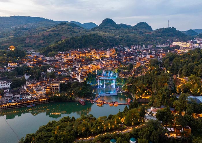 Furong Ancient Town, iconic waterfall-town panorama