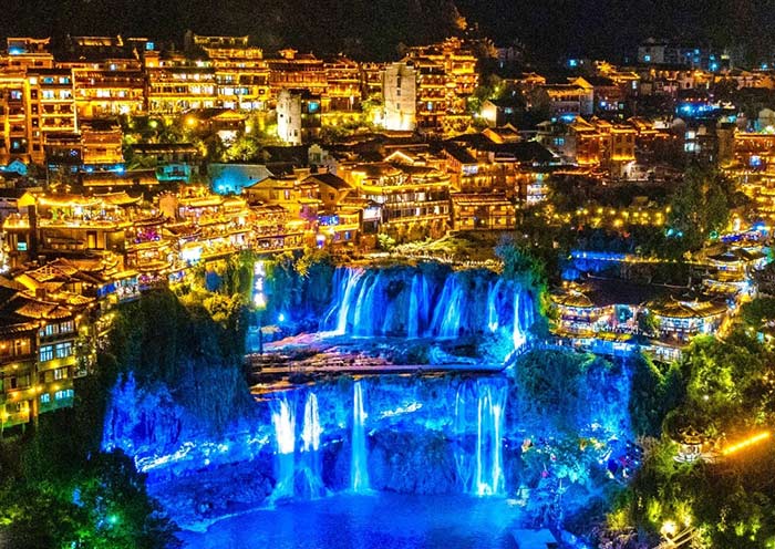 Furong Ancient Town, built around a waterfall